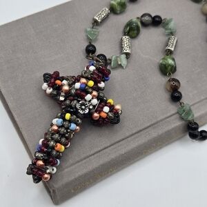 Beaded Wire Wrapped Cross Necklace Whimsigoth Fairy Y2k Jade Silver Tone Beads